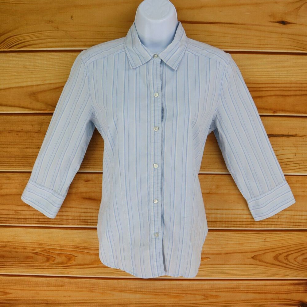 GAP Button Up Shirt Womens M Light Blue Striped Stretch Cotton 3/4 Sleeve Collar